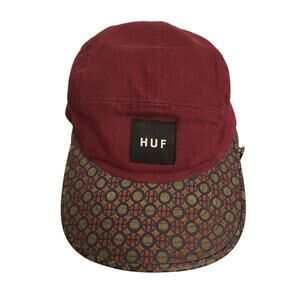 HUF VINTAGE BURGUNDY 5-PANEL CAP – CYCLIST STYLE – GEOMETRIC BRIM – STREETWEAR